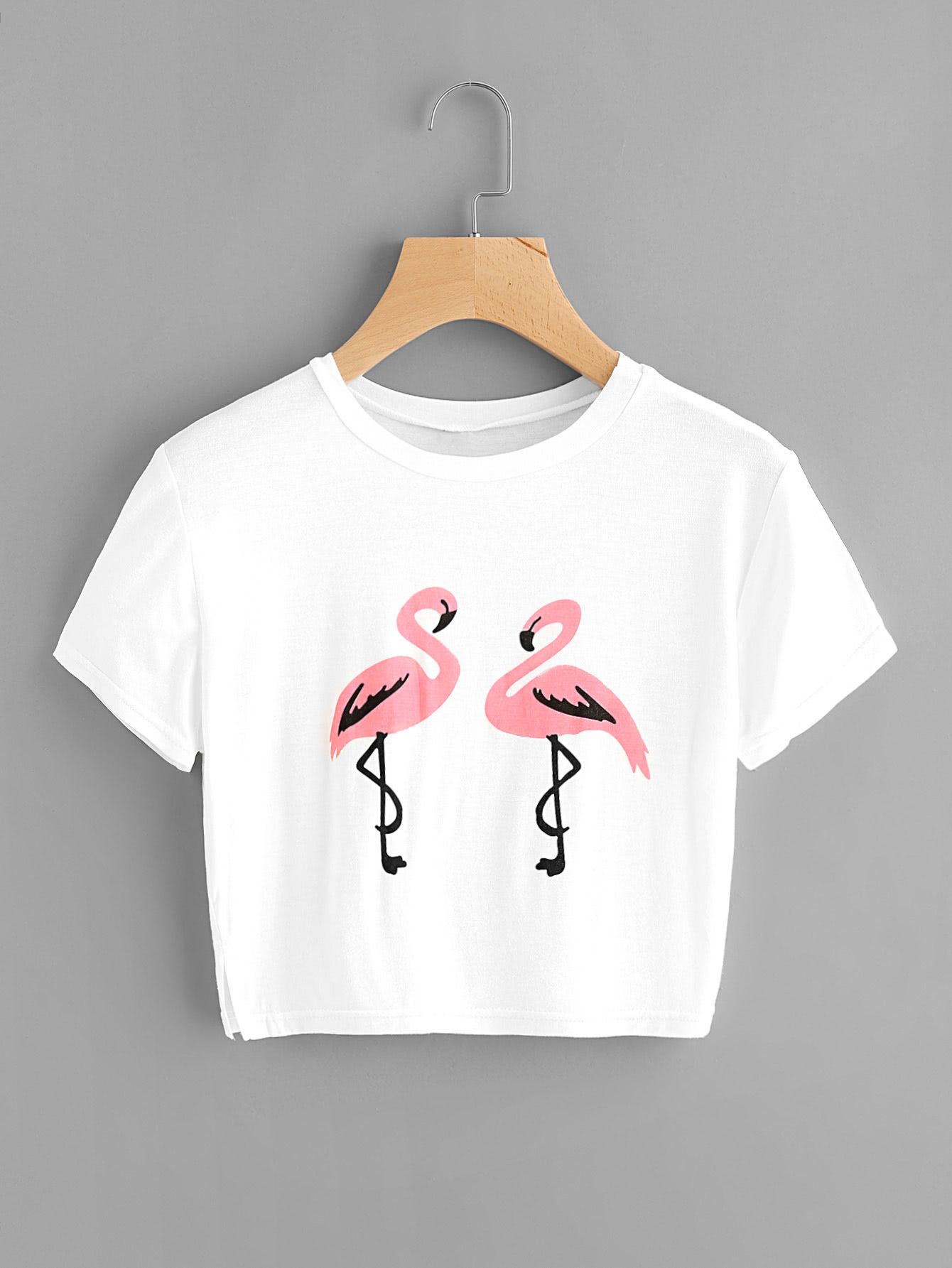 Flamingo Print Slit Side Crop Tee | SHEIN