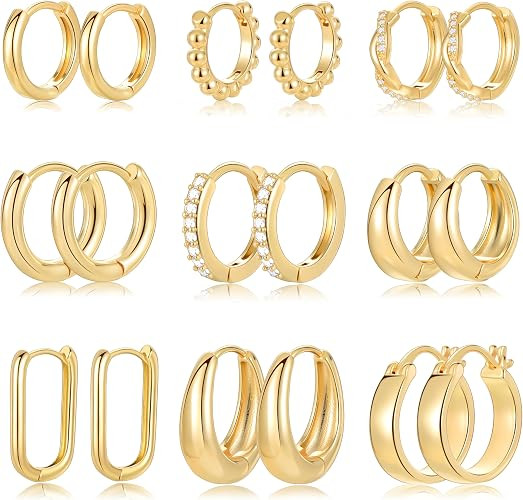 9 Pairs Small Gold/Silver Hoop Earrings Set for Women | Amazon (US)