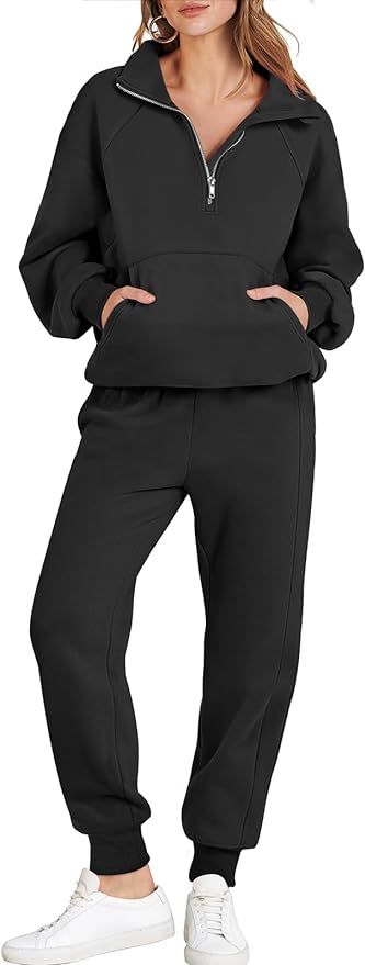 ANRABESS Womens 2 Piece Outfits Sweatsuit Long Sleeve Quarter Zip Sweatshirt with Jogger Sweatpan... | Amazon (US)