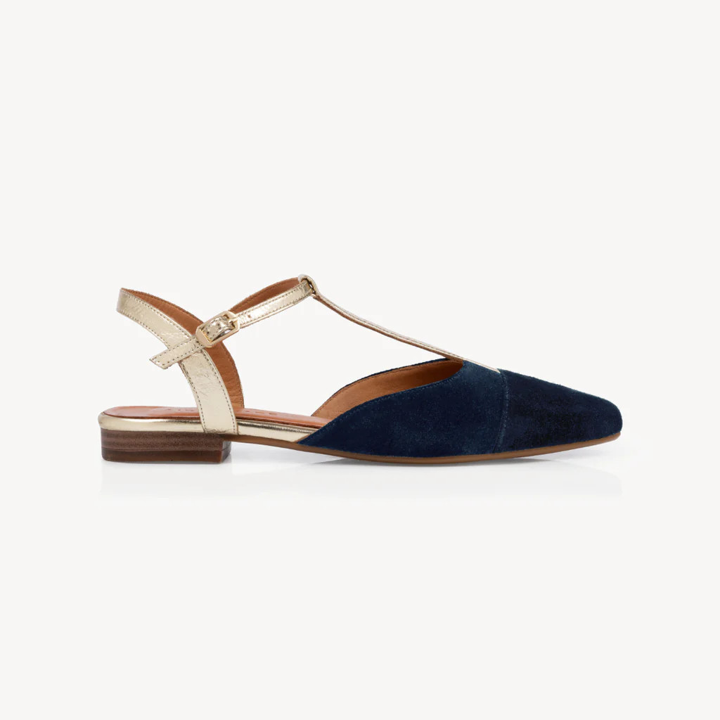 Anais Pointed T-Bar Flats: Navy Suede & Gold - Pre-Order (Dispatch w/c | Air & Grace