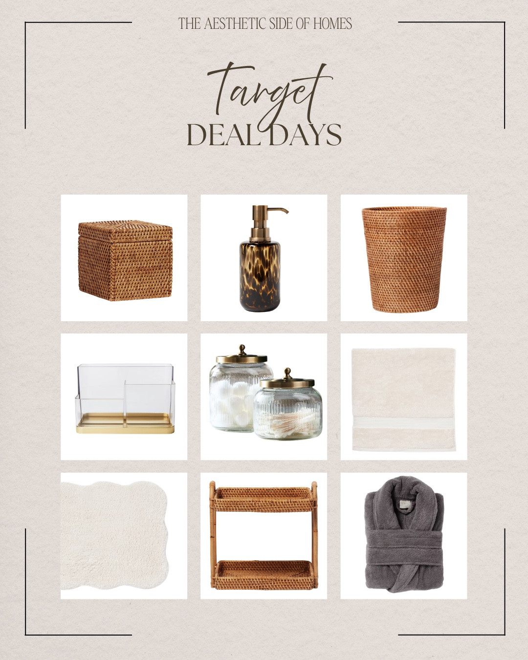 Bathroom deals from Target deal days include rattan trash can, soap dispenser, decorative box, tooth brush holder, canister, towel, bathroom rug, tiered tray, robe.

Deal days, Target deals, sale alert, deal alert

#LTKSaleAlert #LTKSeasonal #LTKHome