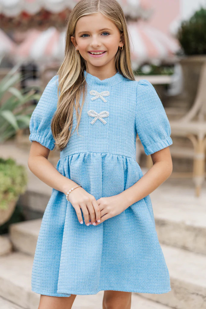 Girls: The Gwen Blue Embellished Tweed Dress | The Mint Julep Boutique
