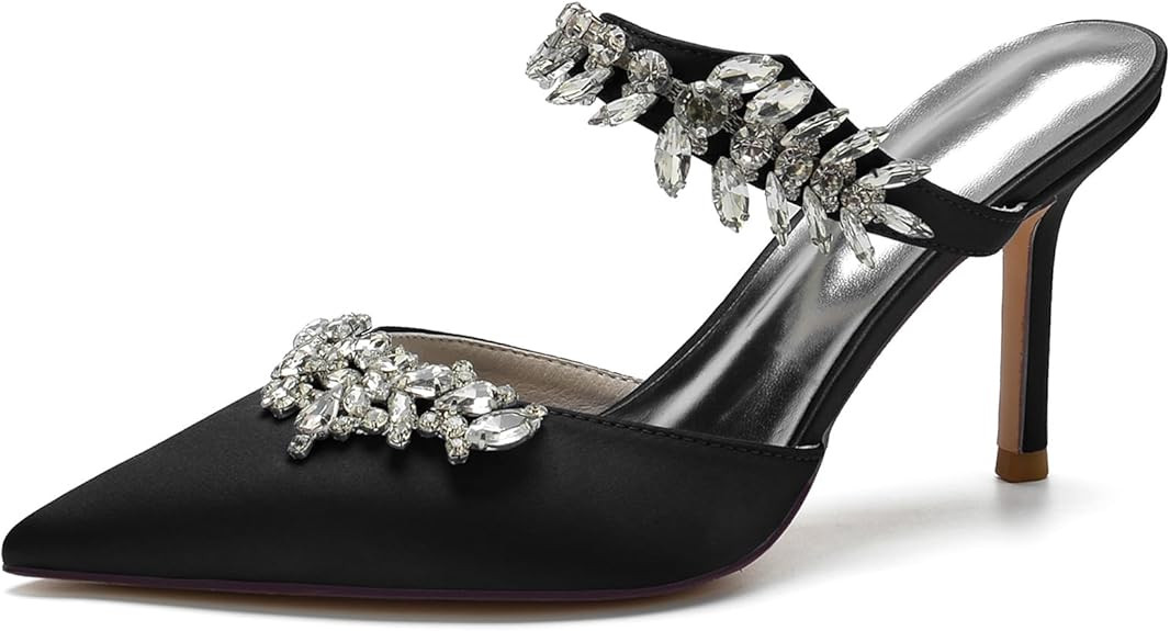 Women Heeled Mules Rhinestone Strappy Pointed Toe Summer Sandals Stiletto Heels Slip-On Wedding D... | Amazon (US)