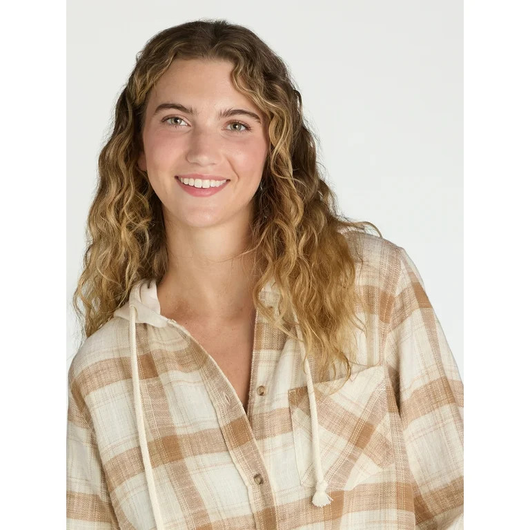 Time and Tru Women's Hooded Flannel Button Down Shirt with Long Sleeves, Sizes XS-XXXL | Walmart (US)