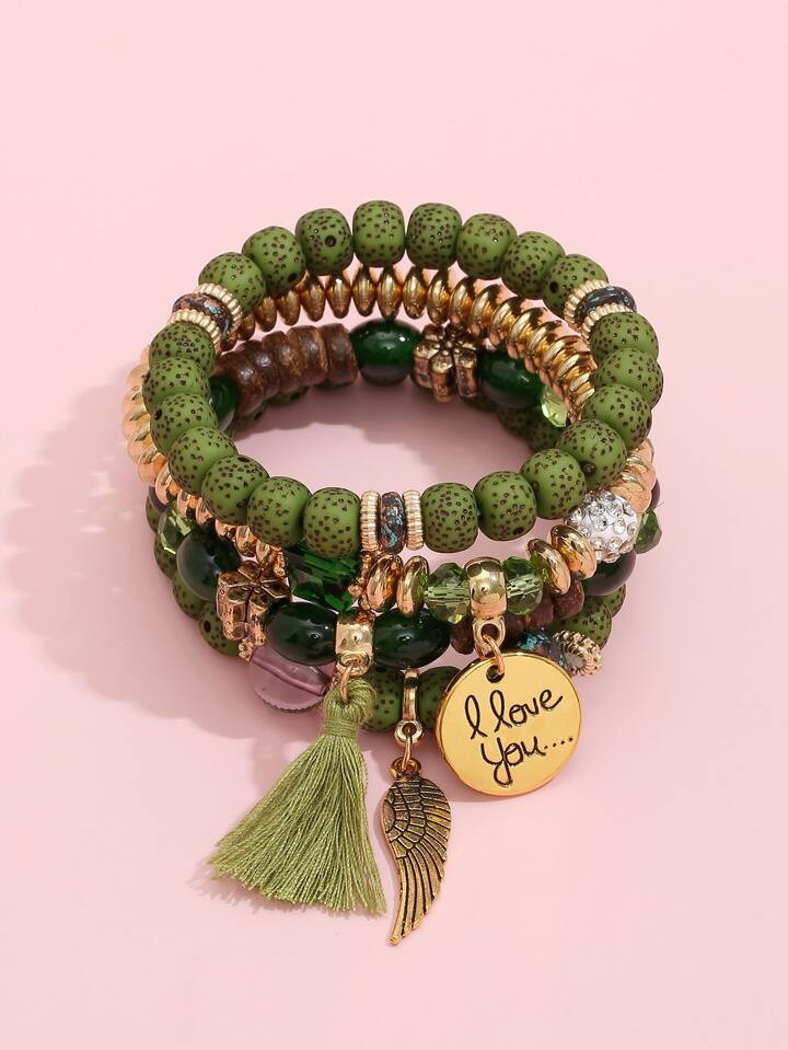 Set pulseras con abalorios y borlas verdes de 4 piezas | SHEIN