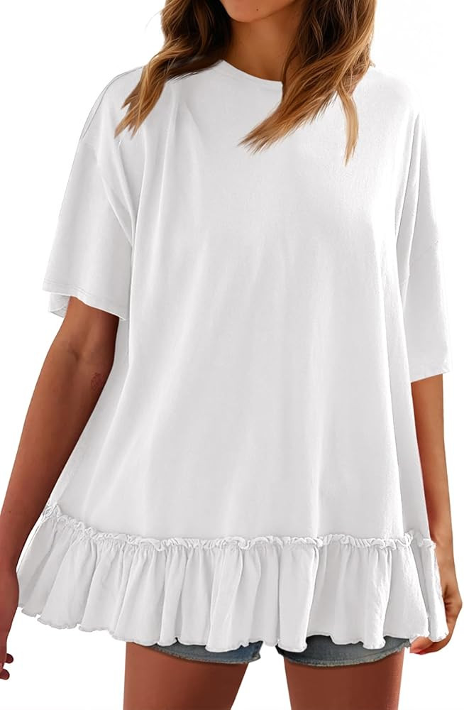 Tankaneo Womens Peplum Oversized Tshirt Summer Flowy Casual Shirt Dress Crew Neck Pleated Babydol... | Amazon (US)