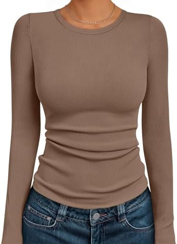 AUTOMET Long Sleeve Shirts Blouses Fall Fashion Ribbed Basic Tops Winter Clothes | Amazon (US)