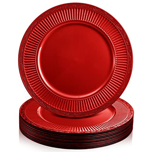 Yesland 12 Pack Charger Plates with Hammered Rim, 13 Inch Plastic Red Charger Round Decorative Dinner Chargers, Embossed Charger Serving Plates for Wedding, Dinner Parties, Tabletop | Amazon (US)