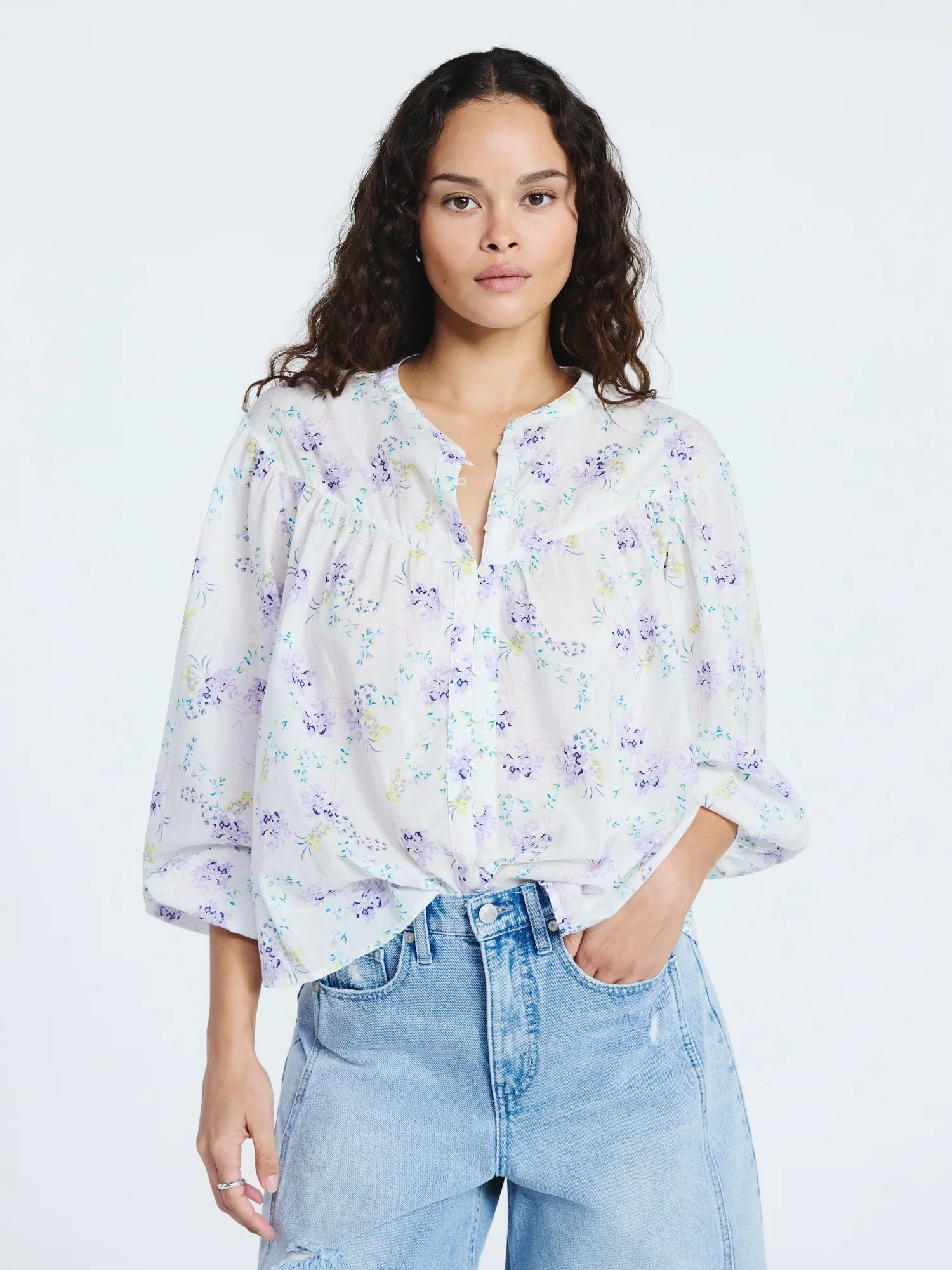 Scoop Women's Flowy Cotton Blouse with Long Sleeves, Sizes XS-XXL | Walmart (US)
