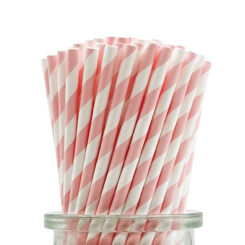 Candy Pink and White Stripes Paper Straws, 7.75 Inches - Pack of 100 Cute Pink Striped Drinking Straw Cake Pop Straws for Valentine Wedding Birthday Party Decoration | Amazon (US)