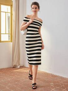 MOTF PREMIUM TWO TONE STRIPED FOLDOVER OFF SHOULDER SLIM FIT DRESS | SHEIN
