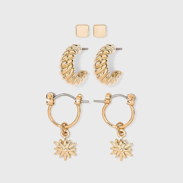 Huggie and Twisted Hoop with Stud Trio Earrings - A New Day™ Gold | Target