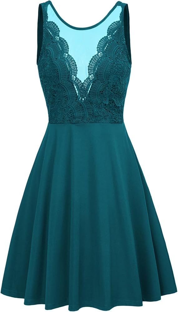 GRACE KARIN Women Sleeveless Lace Patchwork Deep V-Neck A Line Flared Party Dress | Amazon (US)