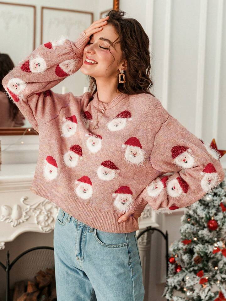 Simplee Drop Shoulder Santa Claus Pattern Sweater | SHEIN