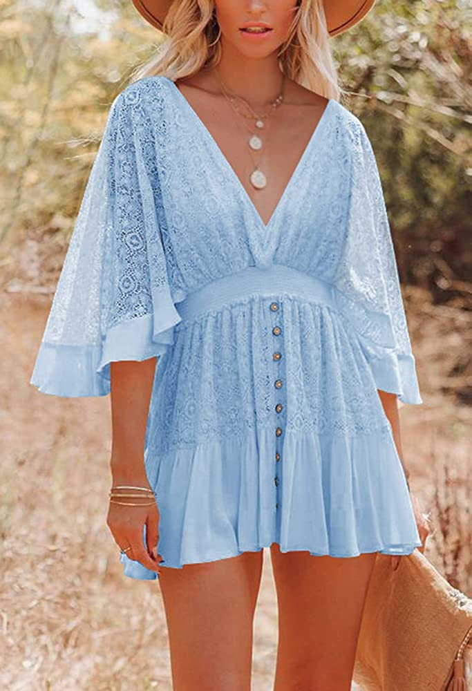 Fixmatti Lace V Neck Mini Dresses Batwing Sleeve Backless Crochet Ruffle Mini Dresses | Amazon (US)