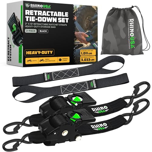 Rhino USA Retractable Ratchet Straps (2-Pack) - 2 Inch x 10 Feet (3,033lb Break Strength) - Heavy Duty Auto Self Retracting Tie Down Straps for Truck, Cargo Trailer, Motorcycle, Rad & More - Black | Amazon (US)