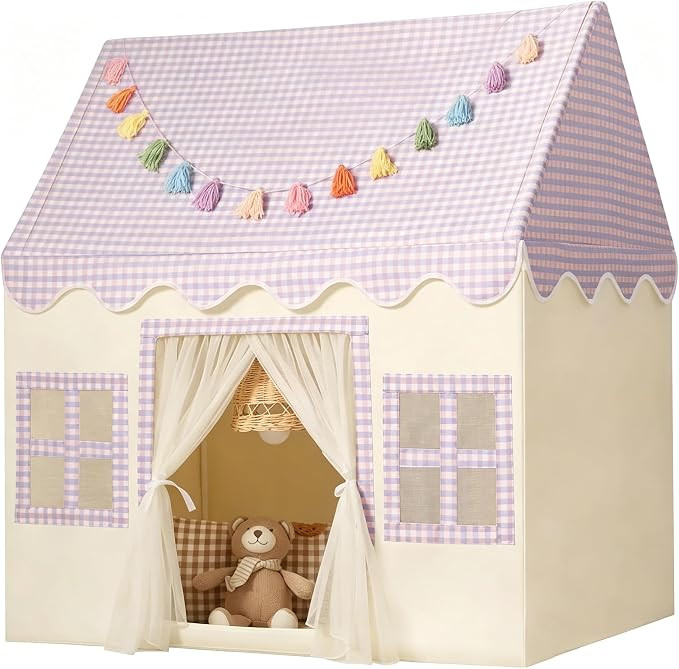 Kids Play Tent Indoor: Mat, Tassel Garland - Purple Checkered Girls Tent Playhouse Kids Toys for ... | Amazon (US)