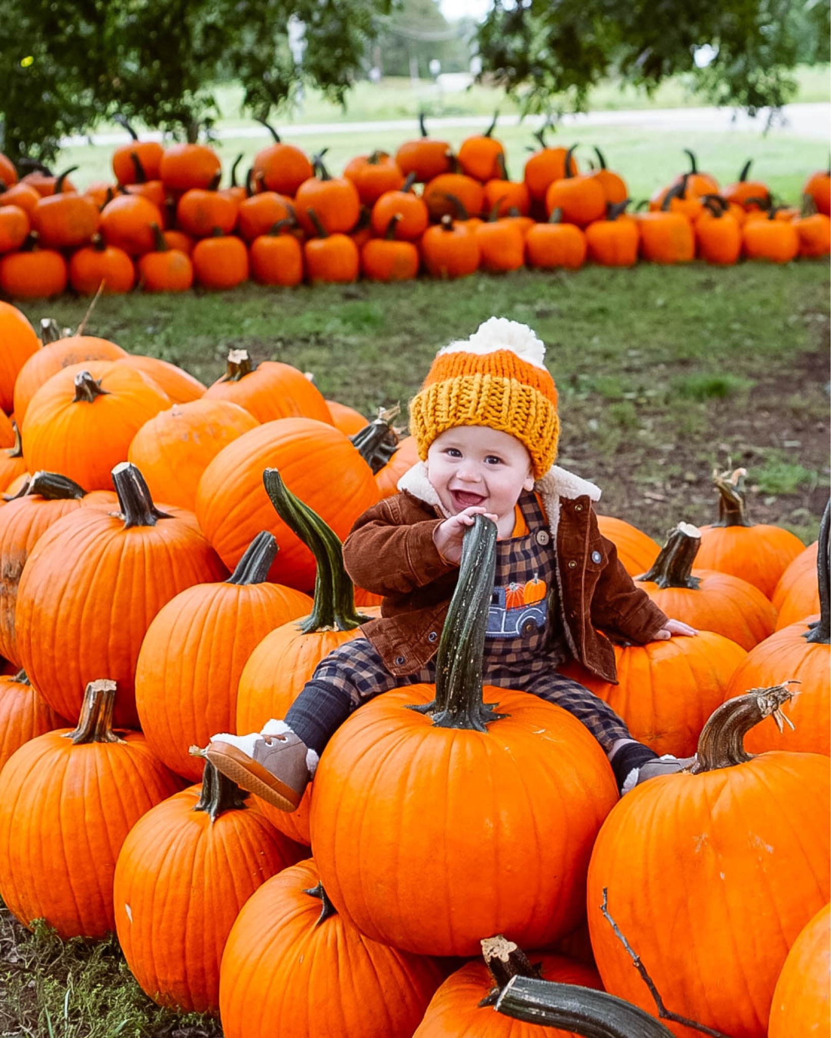 Fall pumpkin patch outfits for baby boys. Checkered overalls, brown corduroy Sherpa lined jacket, chunky knit Pom beanie. 

#LTKSeasonal #LTKbaby #LTKHalloween