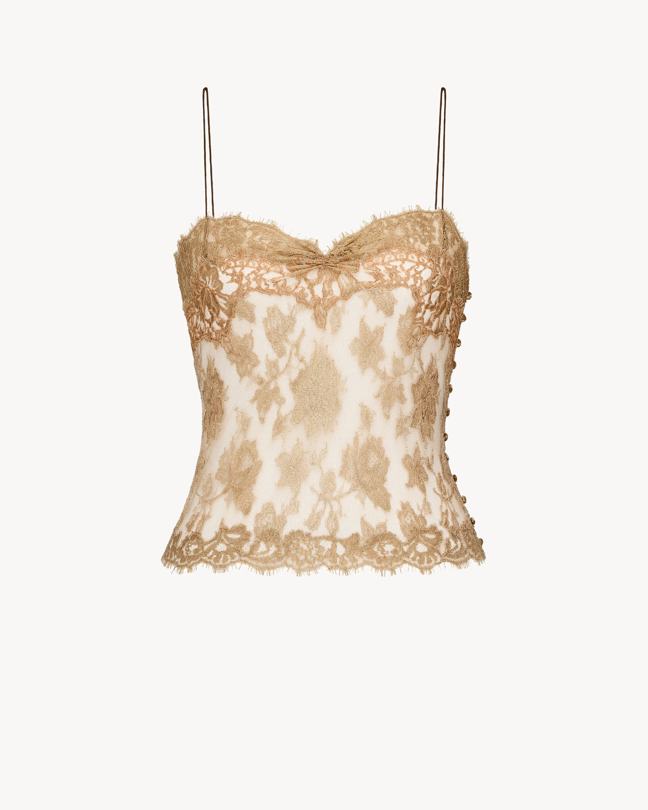 sheer lingerie top decorated with a metallic floral motif, featuring a gathered V neck, side butt... | Saint Laurent Inc. (Global)