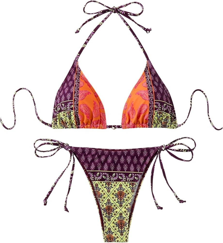 MakeMeChic Women's Printed 2 Piece Swimsuit Halter Triangle Bikini Set Tie Side Thong Bathing Sui... | Amazon (US)