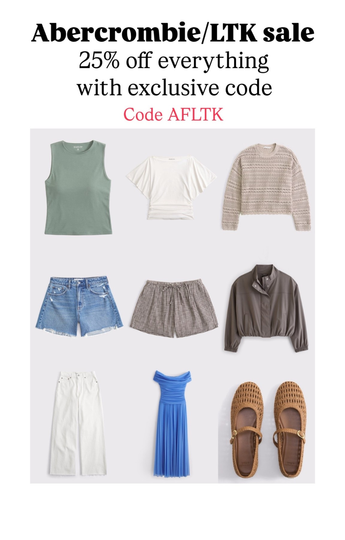 Abercombie sale
Use code AFLTK to get 25% off 


#LTKSaleAlert #LTKSpringSale #LTKSeasonal