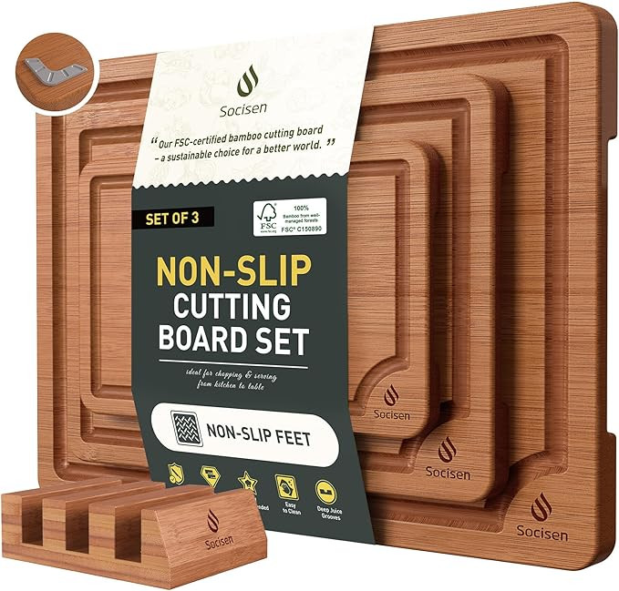 3 Packs Bamboo Cutting Board Set with Non Slip Feet Holder and Over Sink Nice Solid Thick Wood Ju... | Amazon (US)