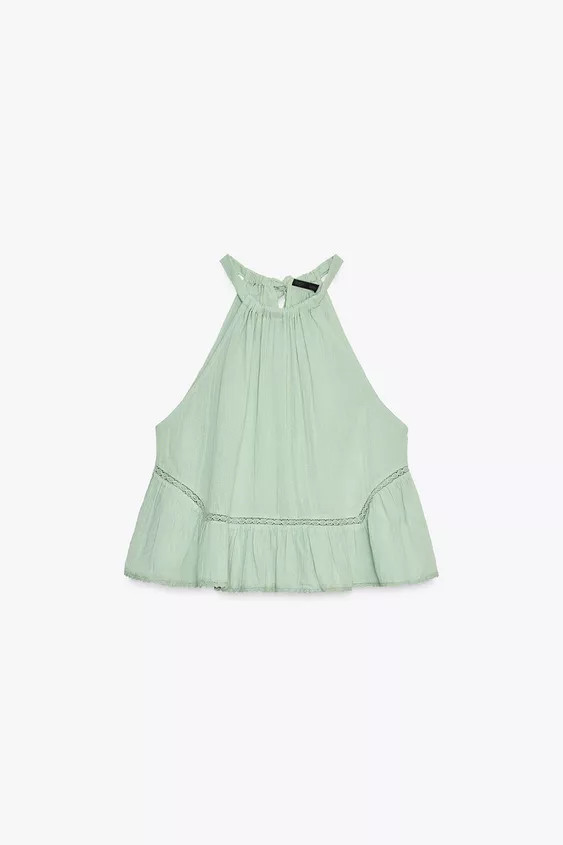 EMBROIDERED GAUZE TOP Sea green Light beige | Zara US