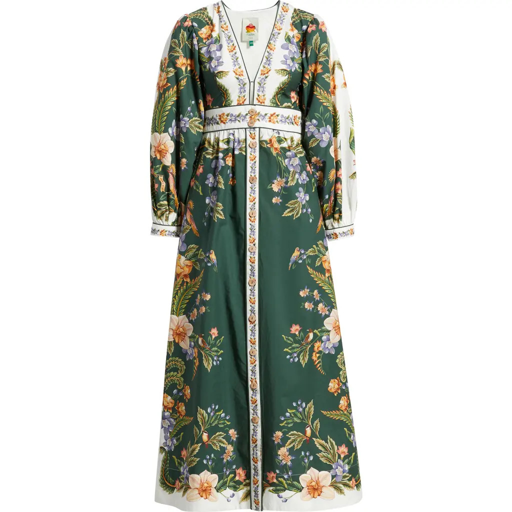 FARM Rio Nature Green Long Sleeve Floral Maxi Dress at Nordstrom, Size Small | Nordstrom