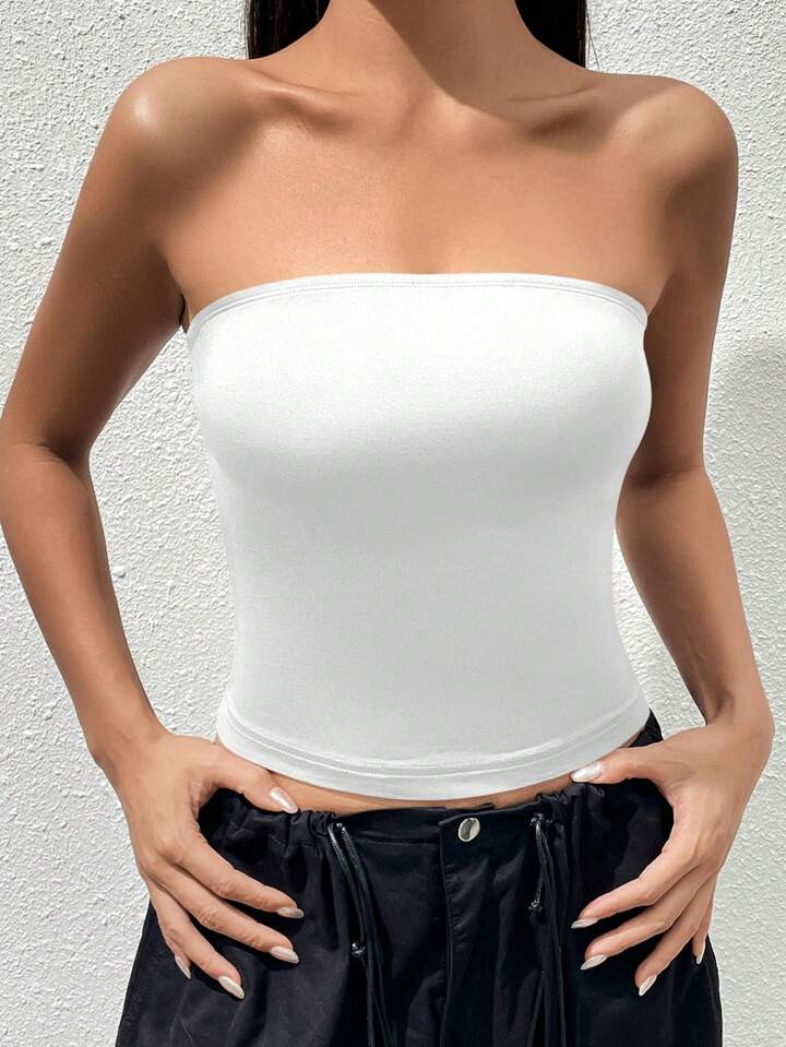 SHEIN EZwear Sommer Outfit Lockerer Einfarbiger Gestrickter Bandeau-Top | SHEIN