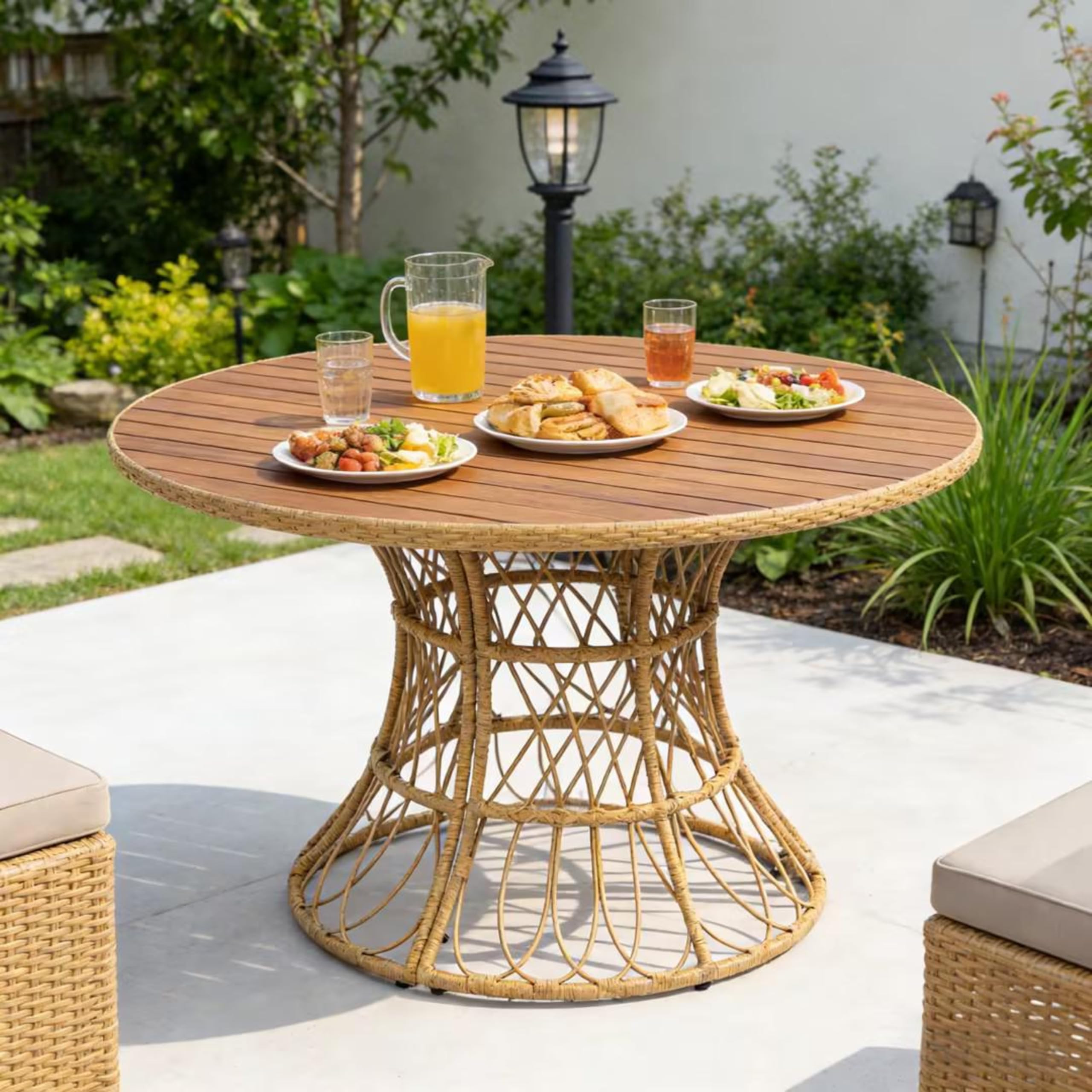 Merax 47.24" Round Outdoor Dining Table, Acacia Wood Top & Wicker Base, Patio Table for 4-6 Peopl... | Amazon (US)