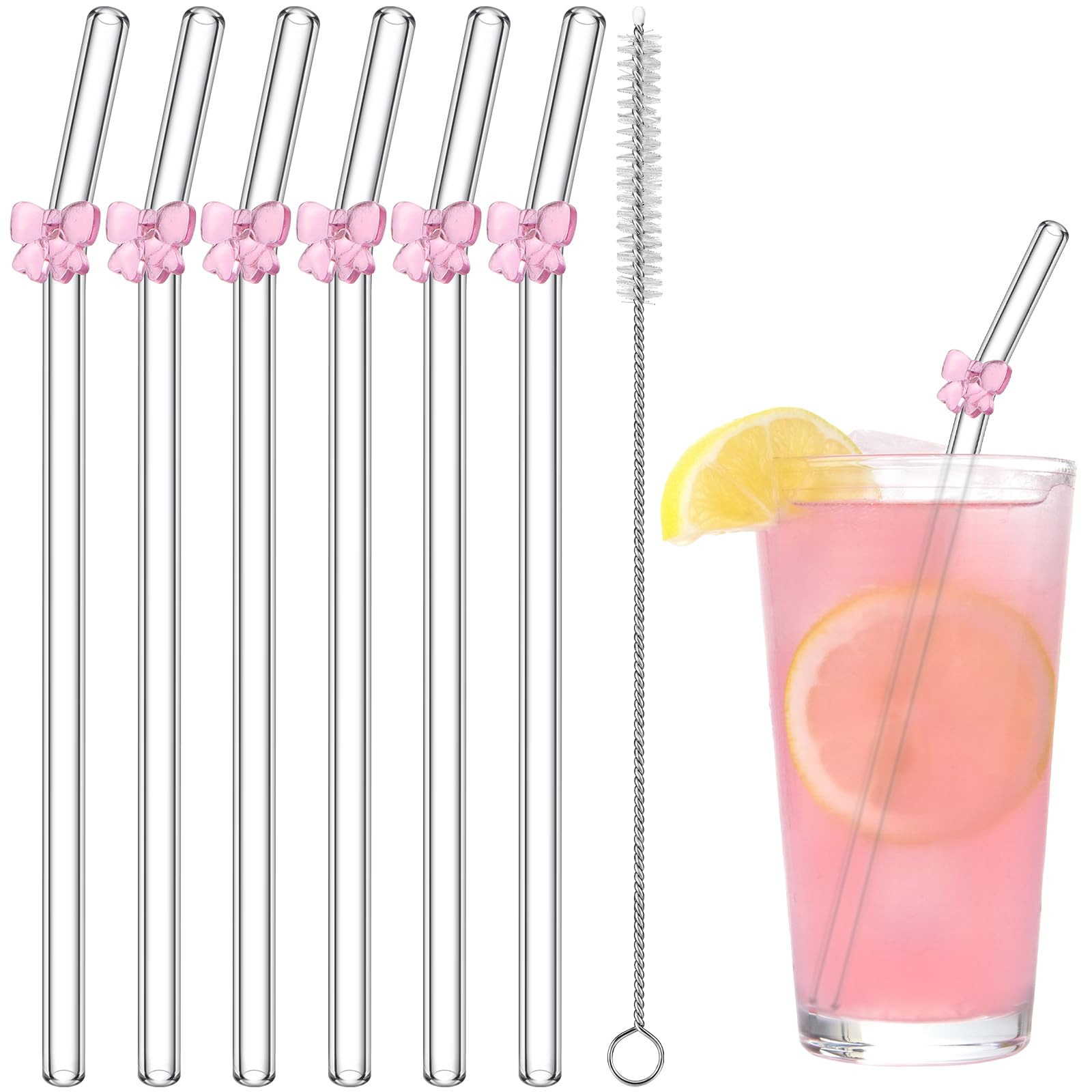 6 Pcs Reusable Glass Straws with 1 Cleaning Brushes Pink Bow Glass Straws Shatter Resistant Straw... | Amazon (US)