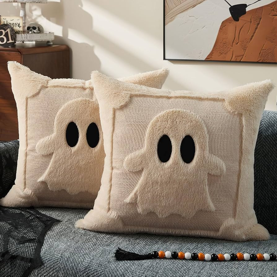 DFXSZ Halloween Pillow Covers 18x18 inch Set of 2 Black Eyes Beige Ghost Throw Pillow Cases Soft ... | Amazon (US)