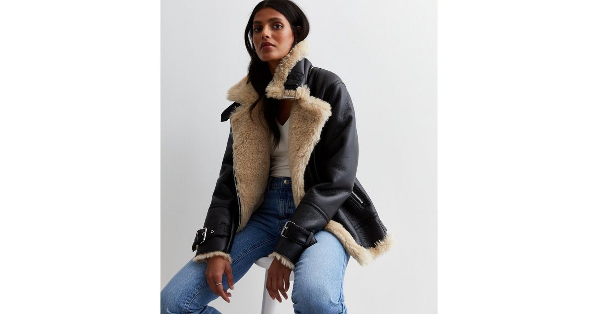 Black Leather-Look Faux Fur Trim Aviator Jacket
						
						Add to Saved Items
						Remove from... | New Look (UK)