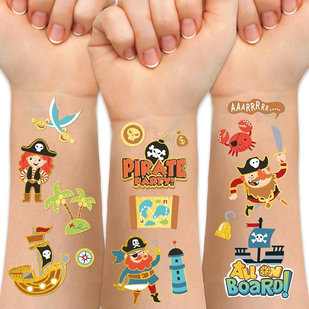 Kids Pirate Temporary Tattoo-110 Glitter Style Fake Tattoos for Boys Girls Jake Captain Skull Cre... | Amazon (US)