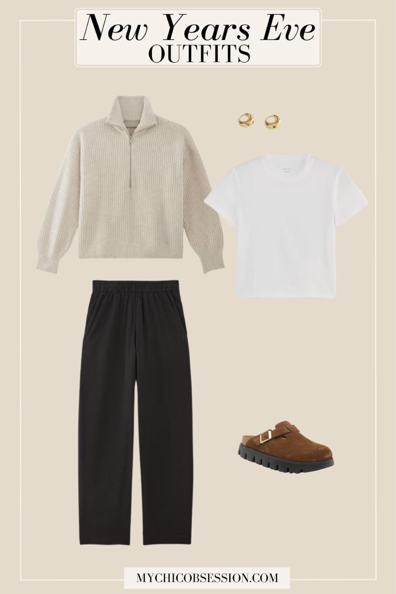 Layer a classic white tee with a cozy half-zip Merino sweater, and pair with lightweight cotton jersey pull-on pants for effortless style. Keep it trendy with chunky platform Boston clogs. Add a touch of elegance with gold puffy hoop earrings and get ready to welcome the New Year!

#LTKHoliday #LTKStyleTip #LTKSeasonal