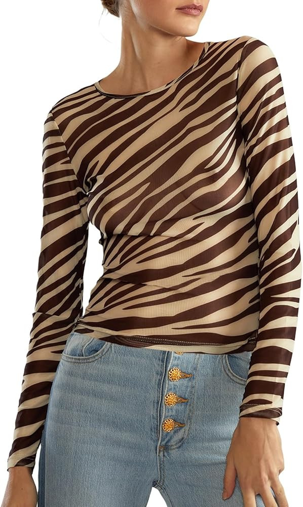 UAURORAO Women Floral Mesh Layering Top Long Sleeve See Through Fitted Tee Shirt Sexy Crewneck Un... | Amazon (US)