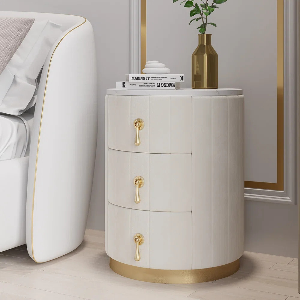 Nightstand with Storage Round Nightstand with 3 Drawers Stone Top | Wayfair North America