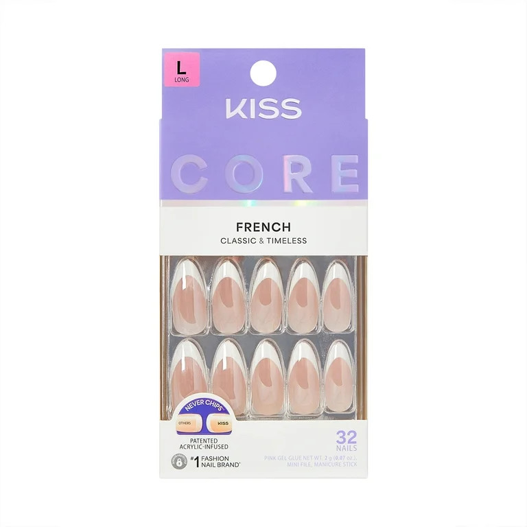 Kiss Core French Long Almond Press-On Nails, White, 32 Pieces | Walmart (US)