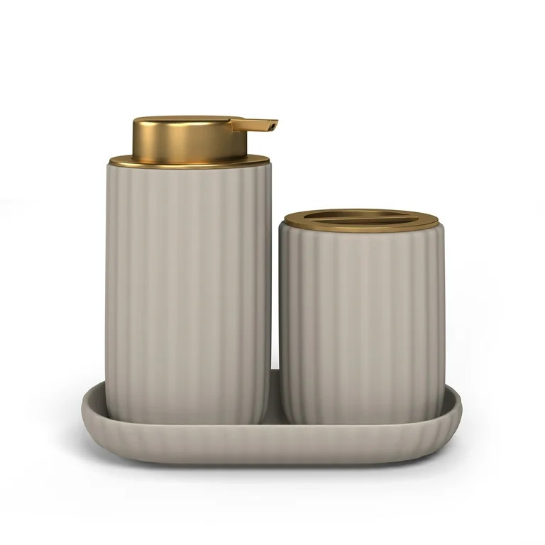 Beautiful Fluted Stoneware Bath Accessories 3-Piece Set by Drew Barrymore, Porcini Taupe | Walmart (US)