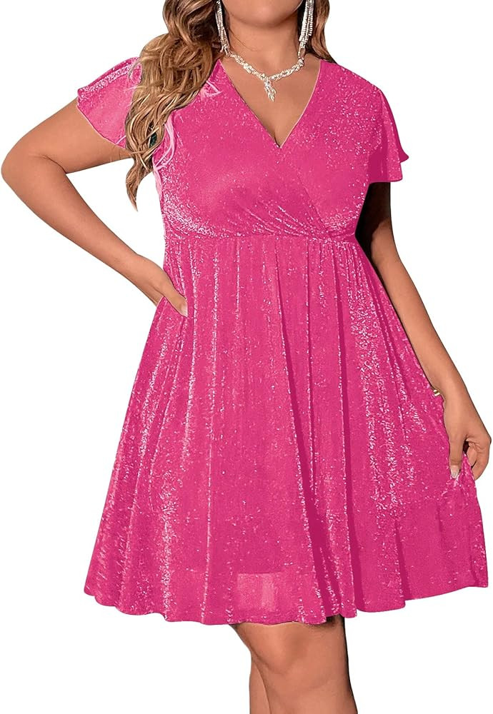 Floerns Women's Plus Size Glitter Wrap V Neck Short Sleeve Party A Line Dress | Amazon (US)