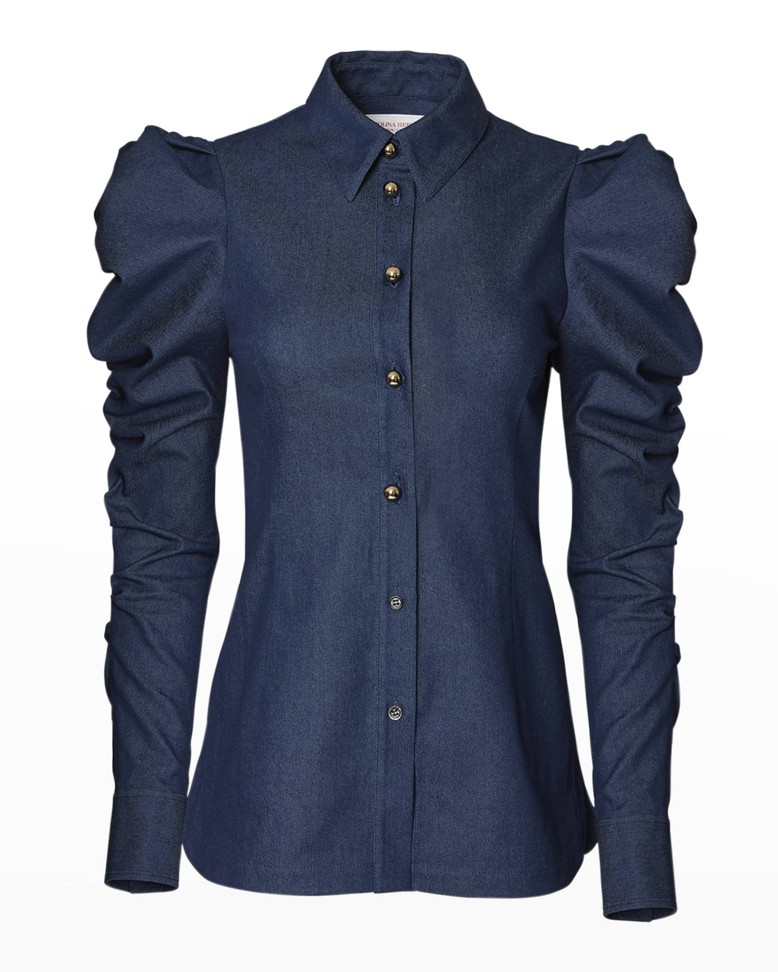 Denim Shirred Puff-Sleeve Blouse | Neiman Marcus