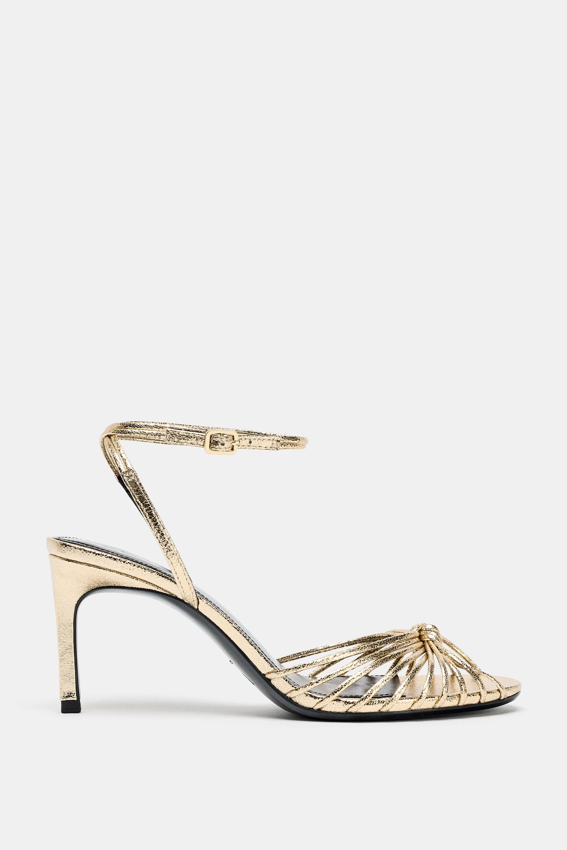 Zara - Metallic Knotted Heeled Sandals - Women - Gold - Women | Zara US