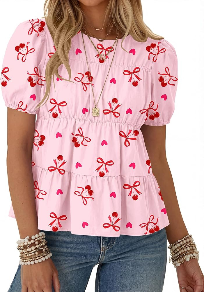 Rapbin Womens Puff Short Sleeve Babydoll Tops Summer Peplum Pleated Cotton T Shirts Casual Loose ... | Amazon (US)