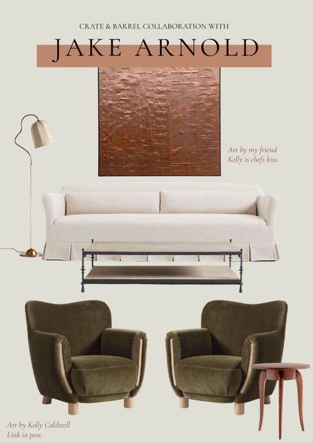 The new Jake Arnold furniture collection at Crate & Barrel. Living room mood board virtual designs in a modern eclectic decor style. Copper metallic art by Kelly  Caldwell. 

#LTKFind #LTKhome