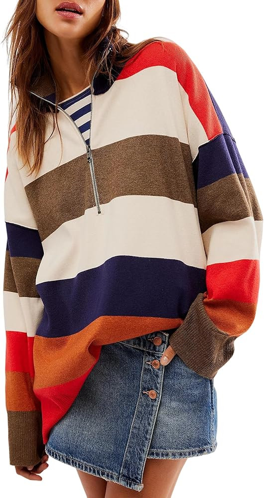 Oversized Sweater for Women Quarter Zip Pullover Long Sleeve Color Block Loose Knit Y2k Turtlenec... | Amazon (US)