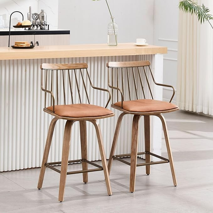 Swivel Counter Height Bar Stools Set of 2, 26" Mid-Century Modern Farmhouse Bar Stools with Spind... | Amazon (US)
