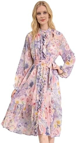 LAI MENG FIVE CATS Women's Floral Boho Summer Casual Puff Sleeve Button Loose Ruffle Midi Dress w... | Amazon (US)