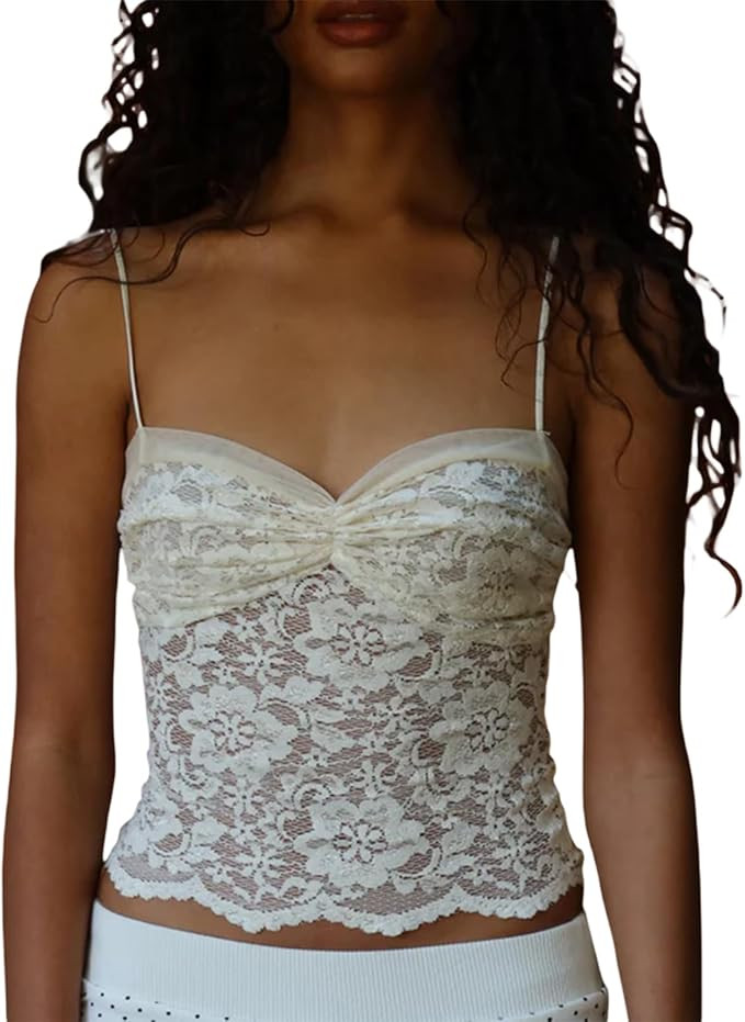 Women Lace Mesh Crop Tank Tops Sleeveless Patchwork Strappy Going Out Tops Camisole Y2k Slim Fit ... | Amazon (US)