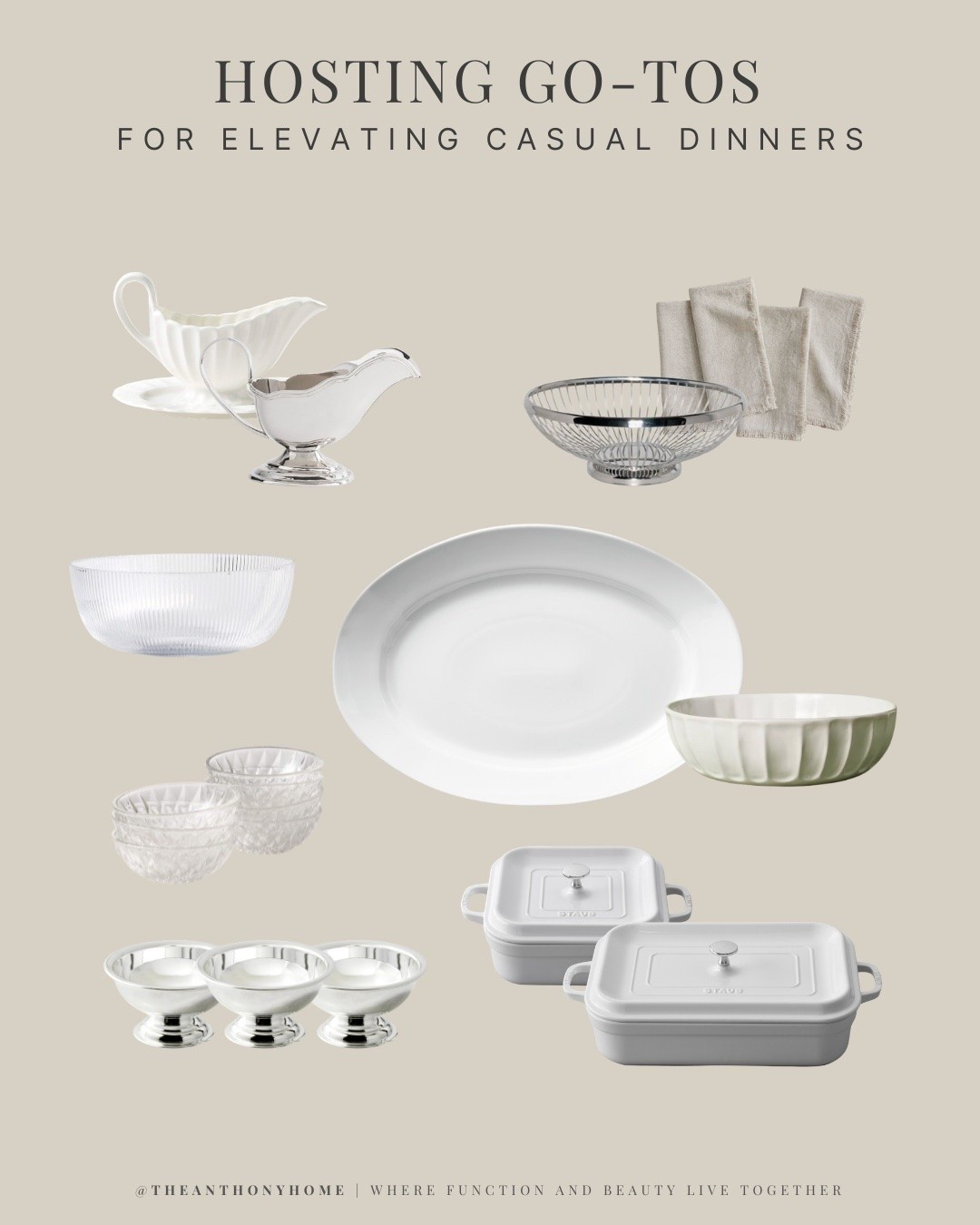 The serving pieces I reach for over and over when I want a casual dinner to feel a little more pulled together.

These are the baskets, gravy boats, oven-safe casseroles, serving bowls, pitchers, and small dishes that make simple meals feel more company-ready without making the table feel formal.

Pretty, practical pieces that earn their keep when you host often. 🤍