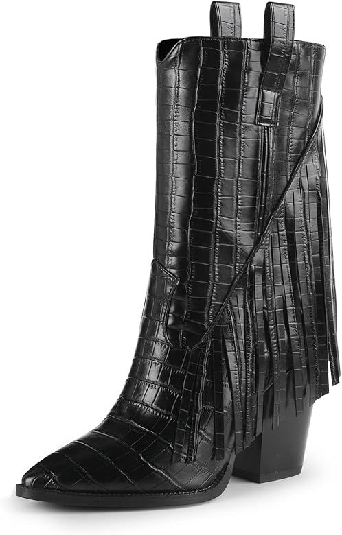 ISNOM Mid Calf Fringe Boots for Women, Cowboy Boots Pointed Toe Cowgirl Western Boot Chunky Stacked  | Amazon (US)